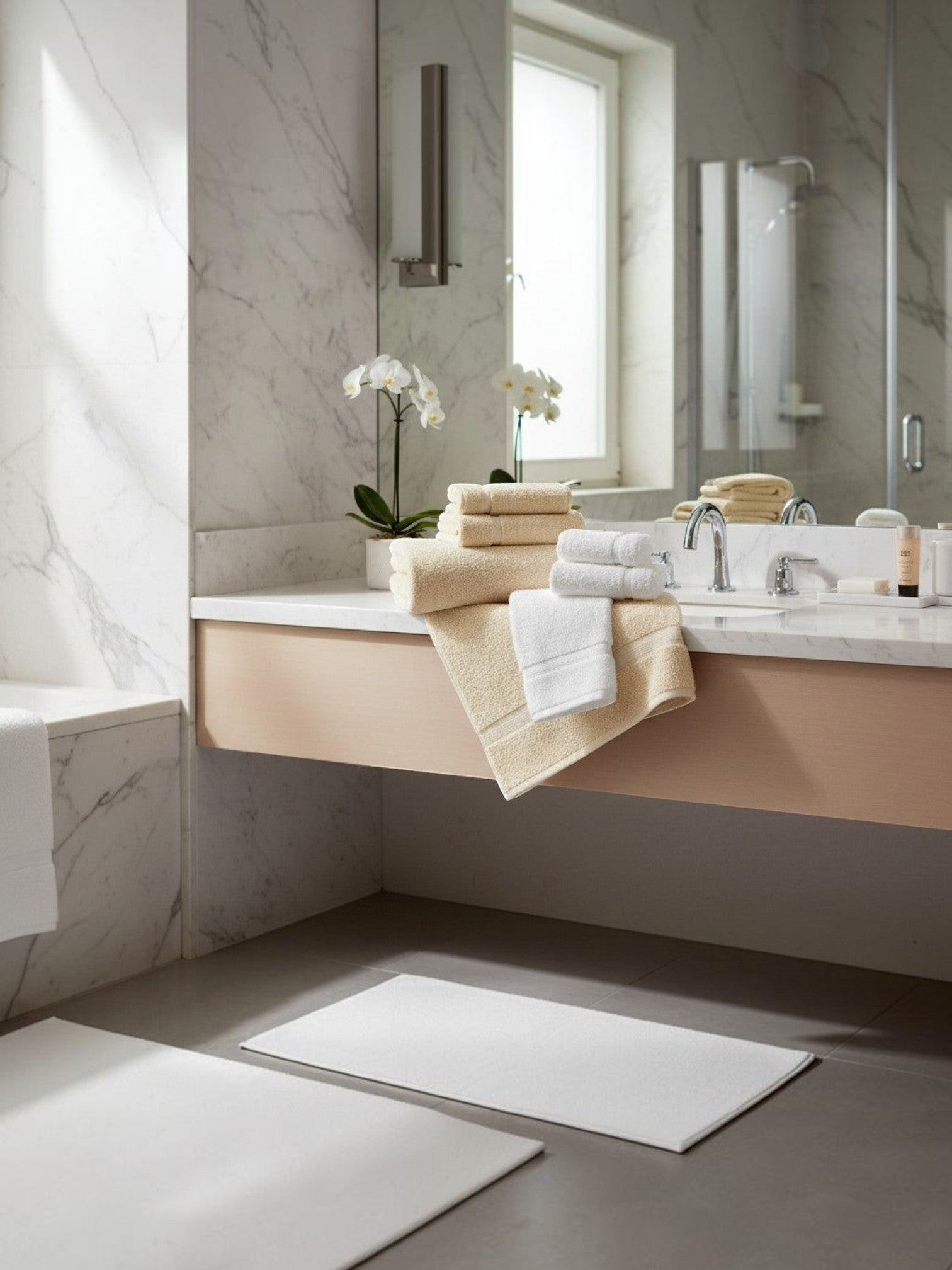 Valiant Products Sovereign collection white and ecru cotton blend towels with dobby borders in a luxury hotel bathroom