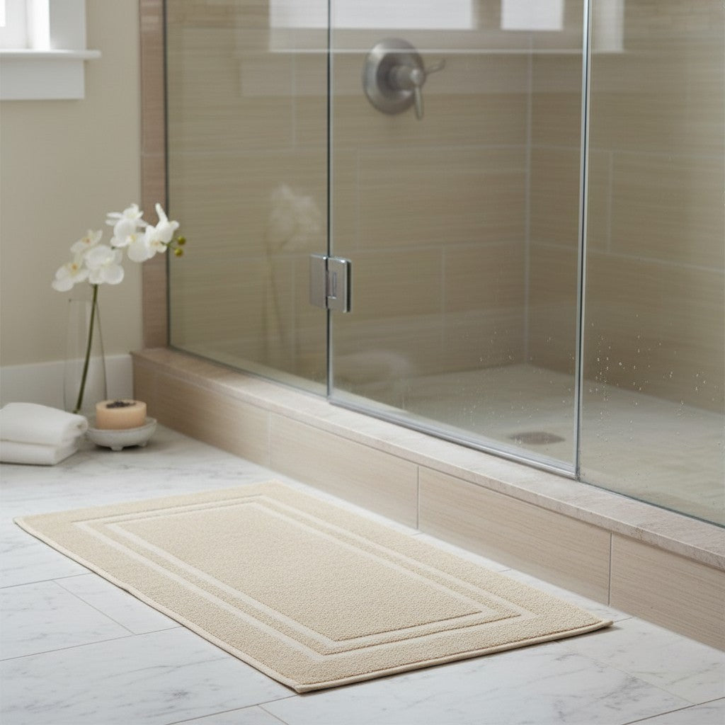 Valiant Products Sovereign ecru bath mat with a traditional dobby border placed on a marble bathroom floor.