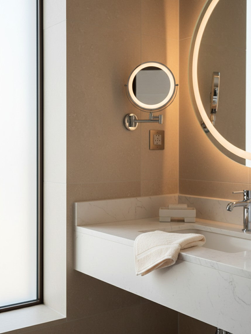 Valiant Products Sovereign dobby border wash cloth in ecru resting on a modern marble bathroom vanity with a mirror.