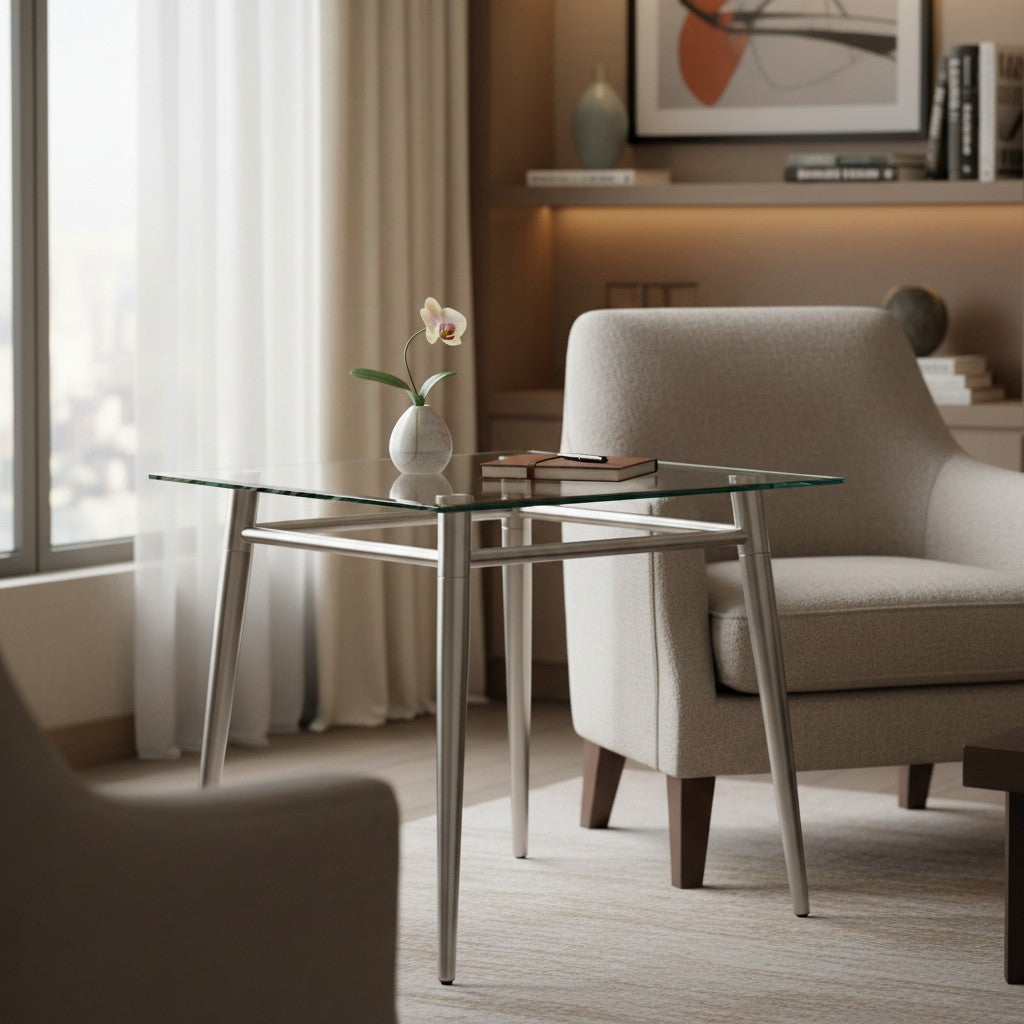 Valiant Products Brooklyn square end table with clear glass top and brushed nickel metal frame in a modern living room