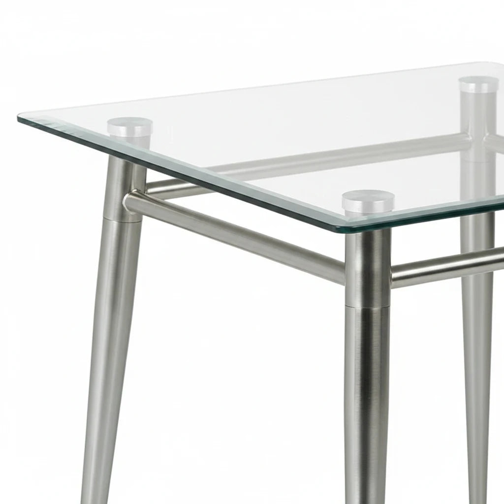 Valiant Products Brooklyn square end table with a clear glass top and a brushed nickel metal frame