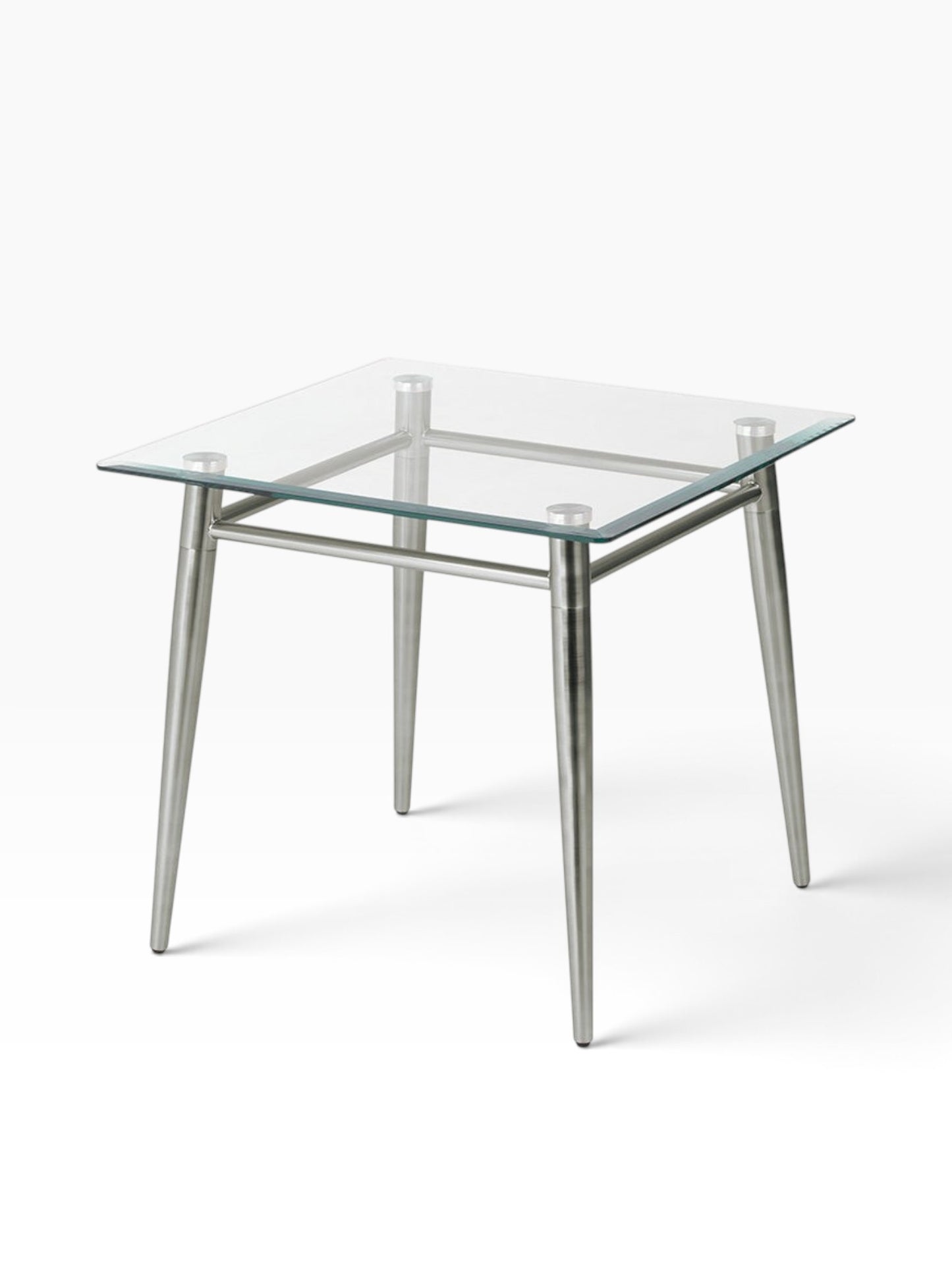 Valiant Products Brooklyn square end table with a clear glass top and a brushed nickel metal frame.