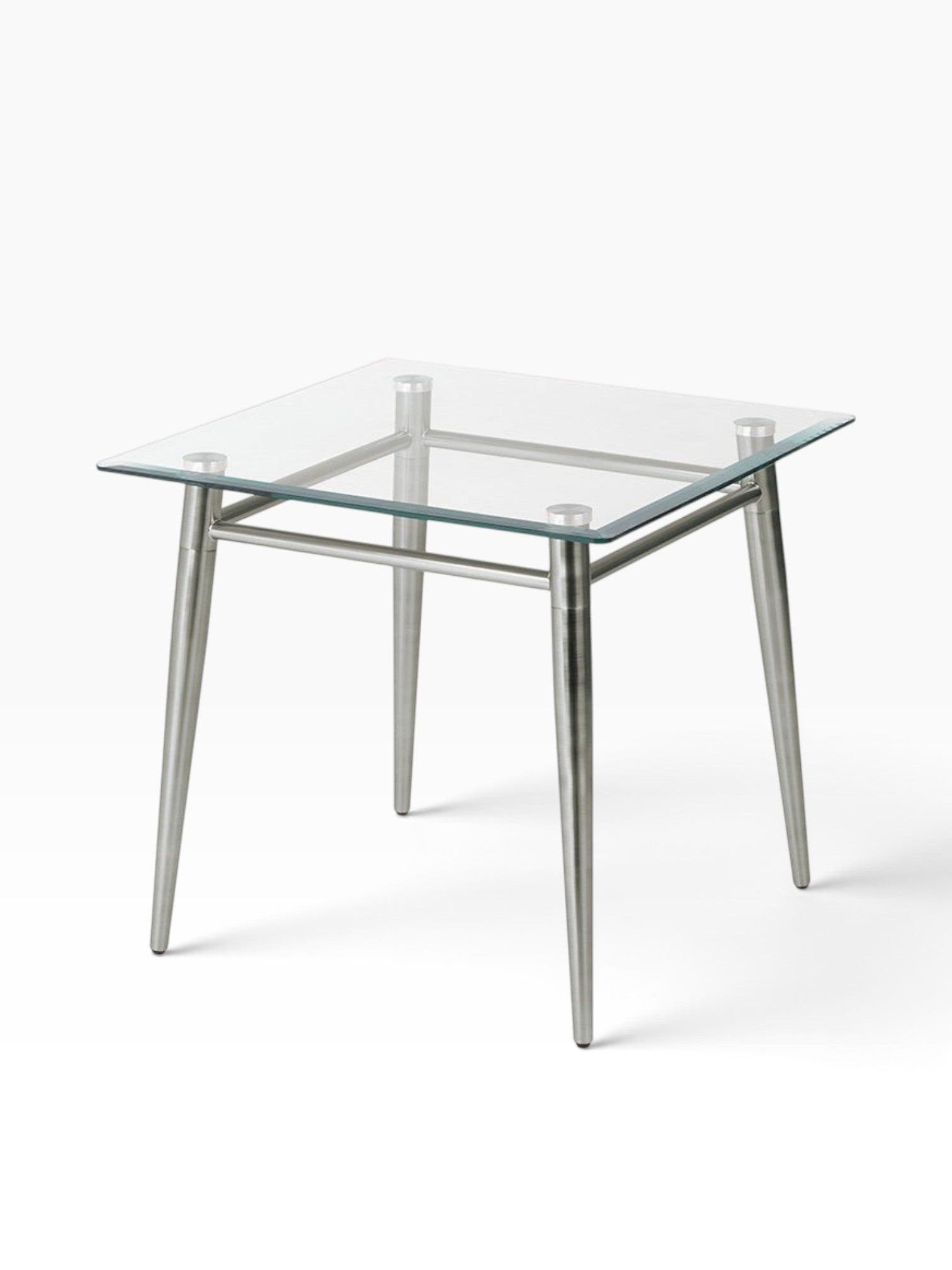 Valiant Products Brooklyn square end table with a clear glass top and a brushed nickel metal frame.