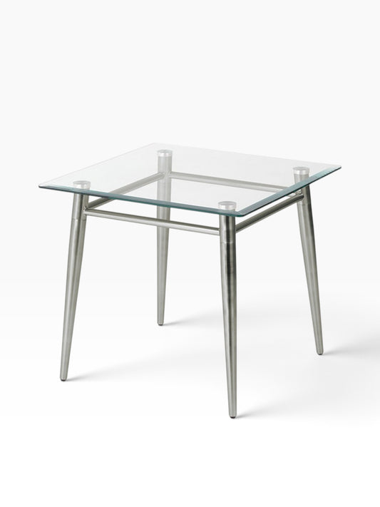 Valiant Products Brooklyn square end table with a clear glass top and a brushed nickel metal frame.