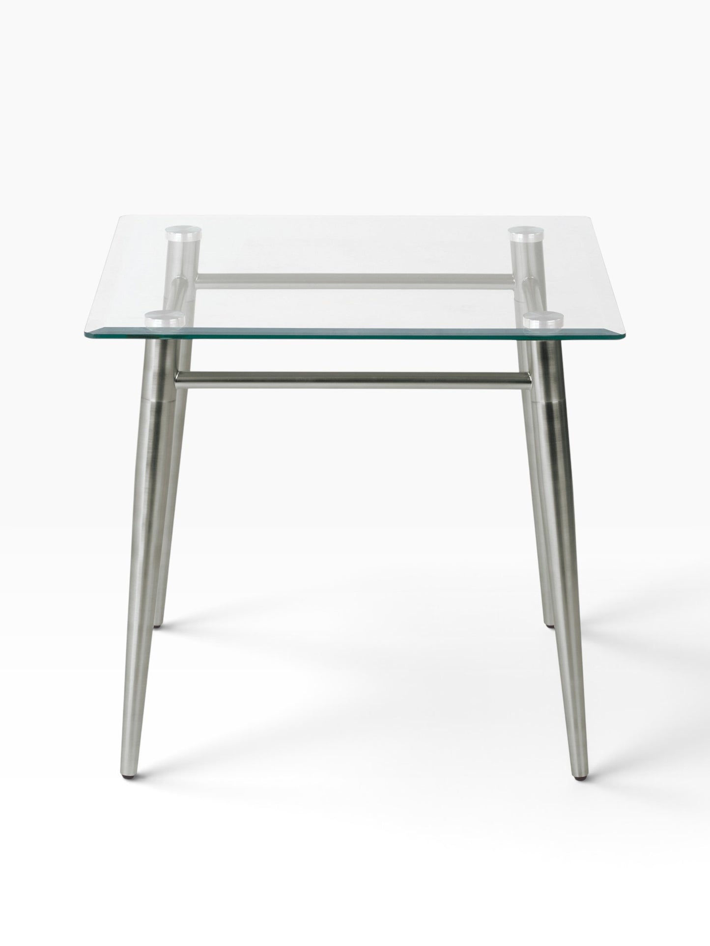Valiant Products Brooklyn square end table with a clear glass top and a brushed nickel metal frame
