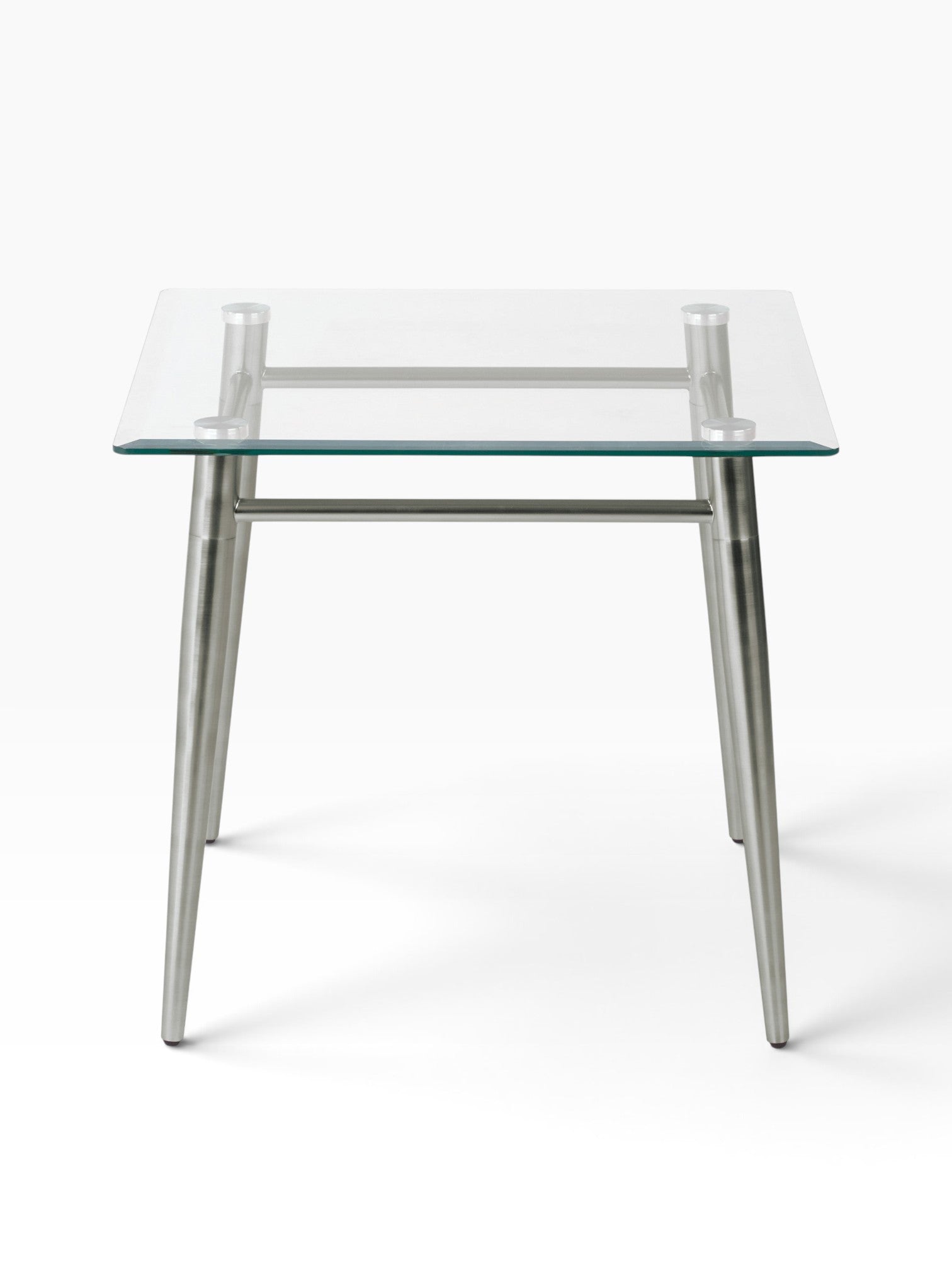 Valiant Products Brooklyn square end table with a clear glass top and a brushed nickel metal frame