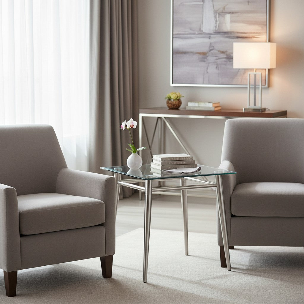 Valiant Products Brooklyn square glass end table with a brushed nickel metal frame placed between two grey armchairs.