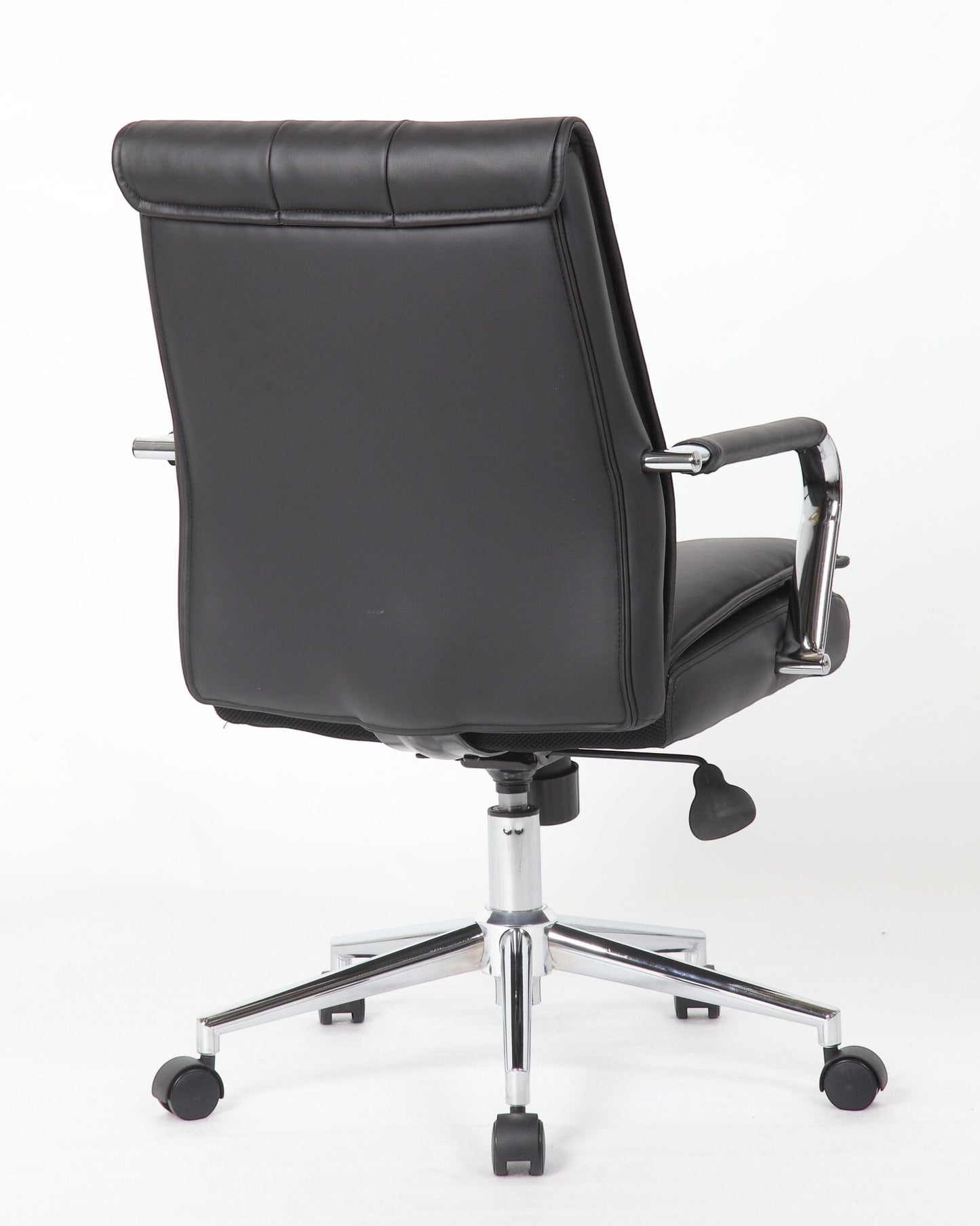 Back view of Valiant Products Stanton Pillow Top Ergo Chair in black vinyl with chrome arms and base