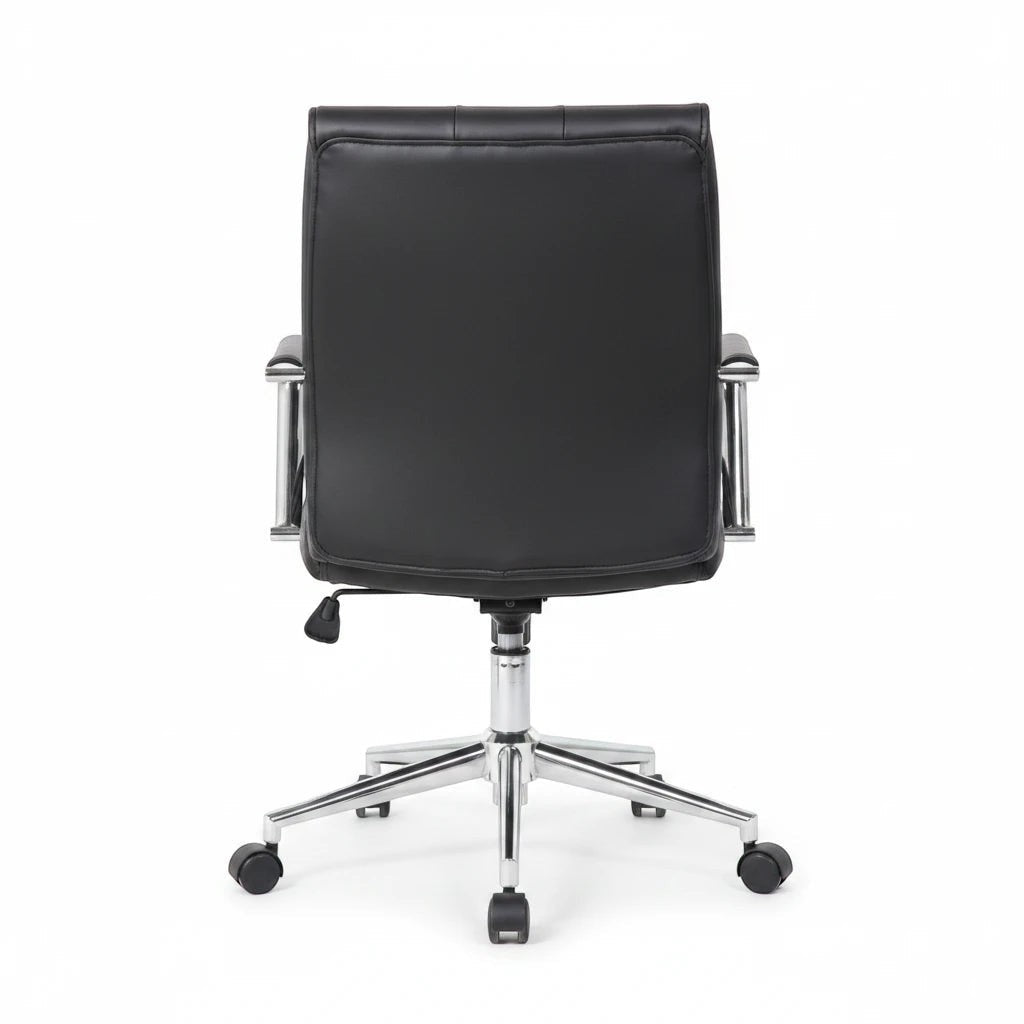 Valiant Products Stanton pillow top ergonomic office chair in black vinyl with chrome arms and base, rear view.