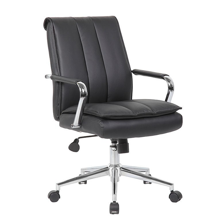 Valiant Products Stanton pillow top ergonomic office chair in black vinyl with chrome arms and base.