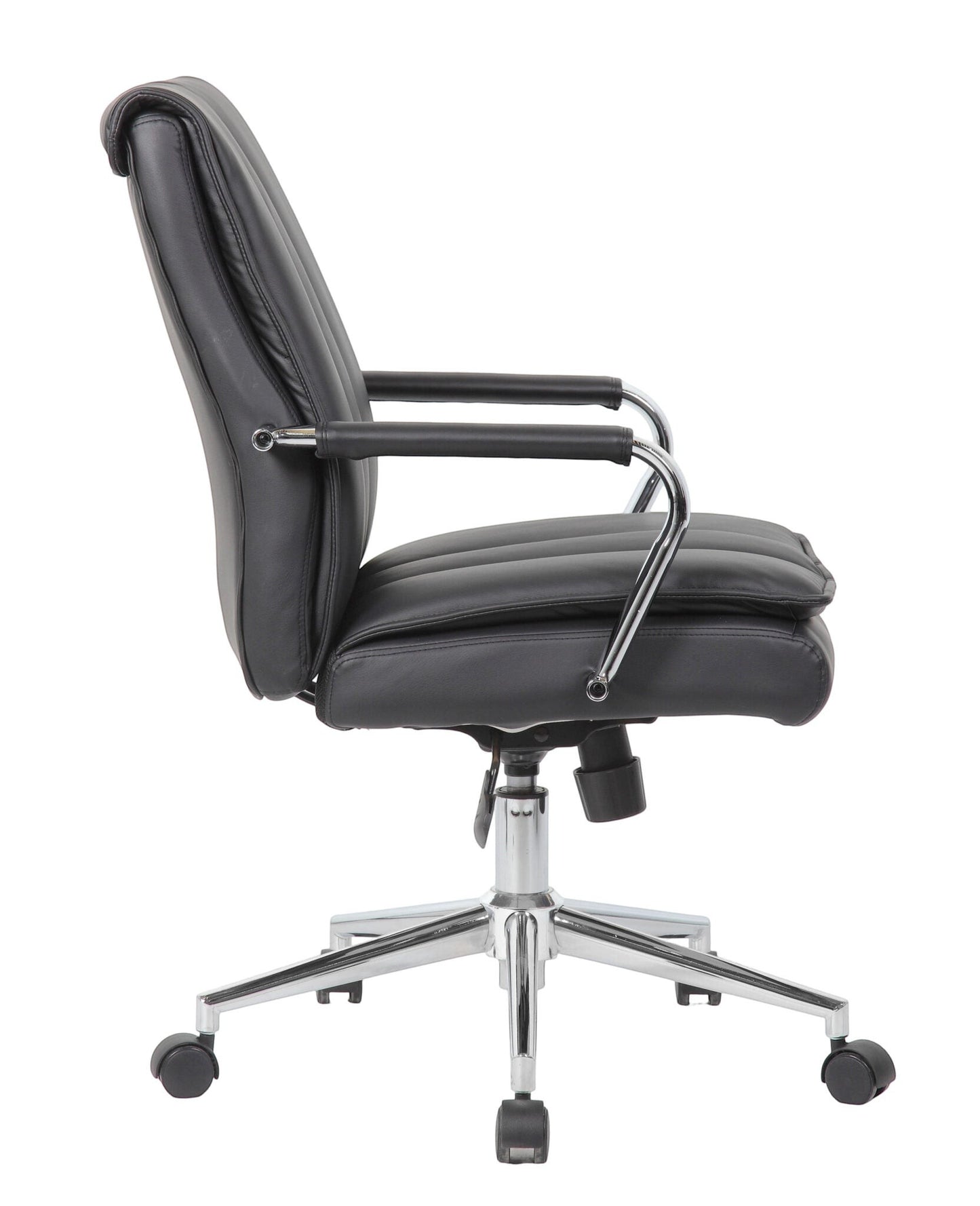 Valiant Products Stanton pillow top ergonomic office chair in black vinyl with chrome arms and base, side view.