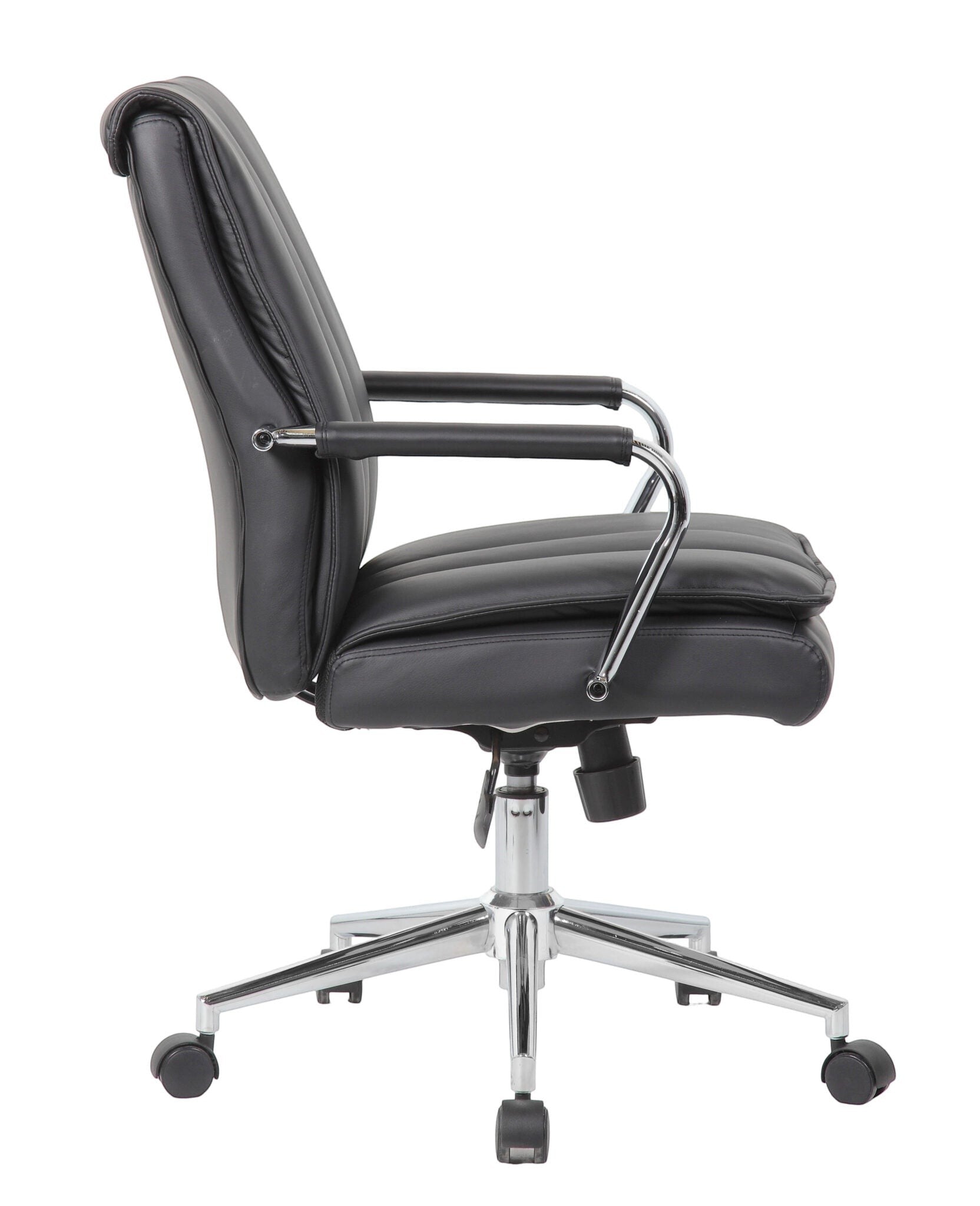 Valiant Products Stanton pillow top ergonomic office chair in black vinyl with chrome arms and base, side view.