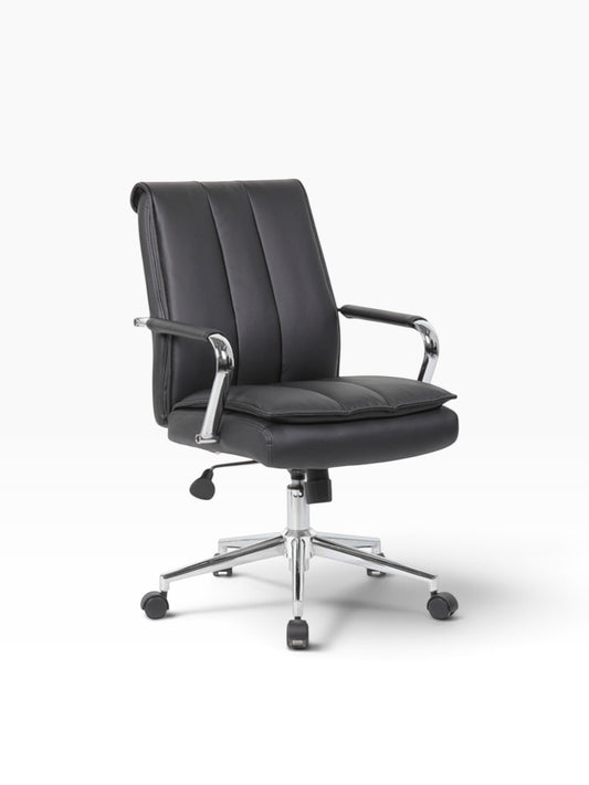 Valiant Products Stanton pillow top ergonomic office chair in black vinyl with chrome arms and base.