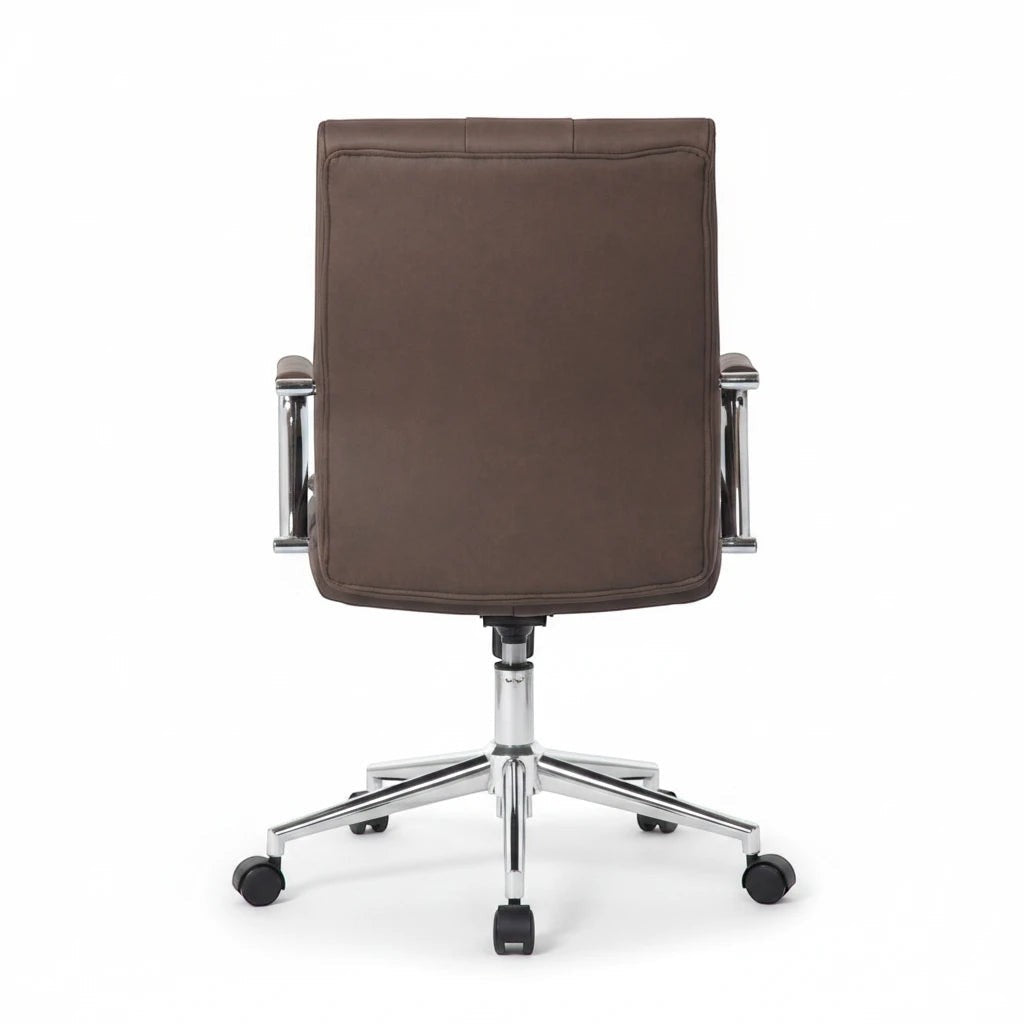 Back view of the Valiant Products Stanton Pillow Top Ergo Chair in brown vinyl with a chrome base and armrests.