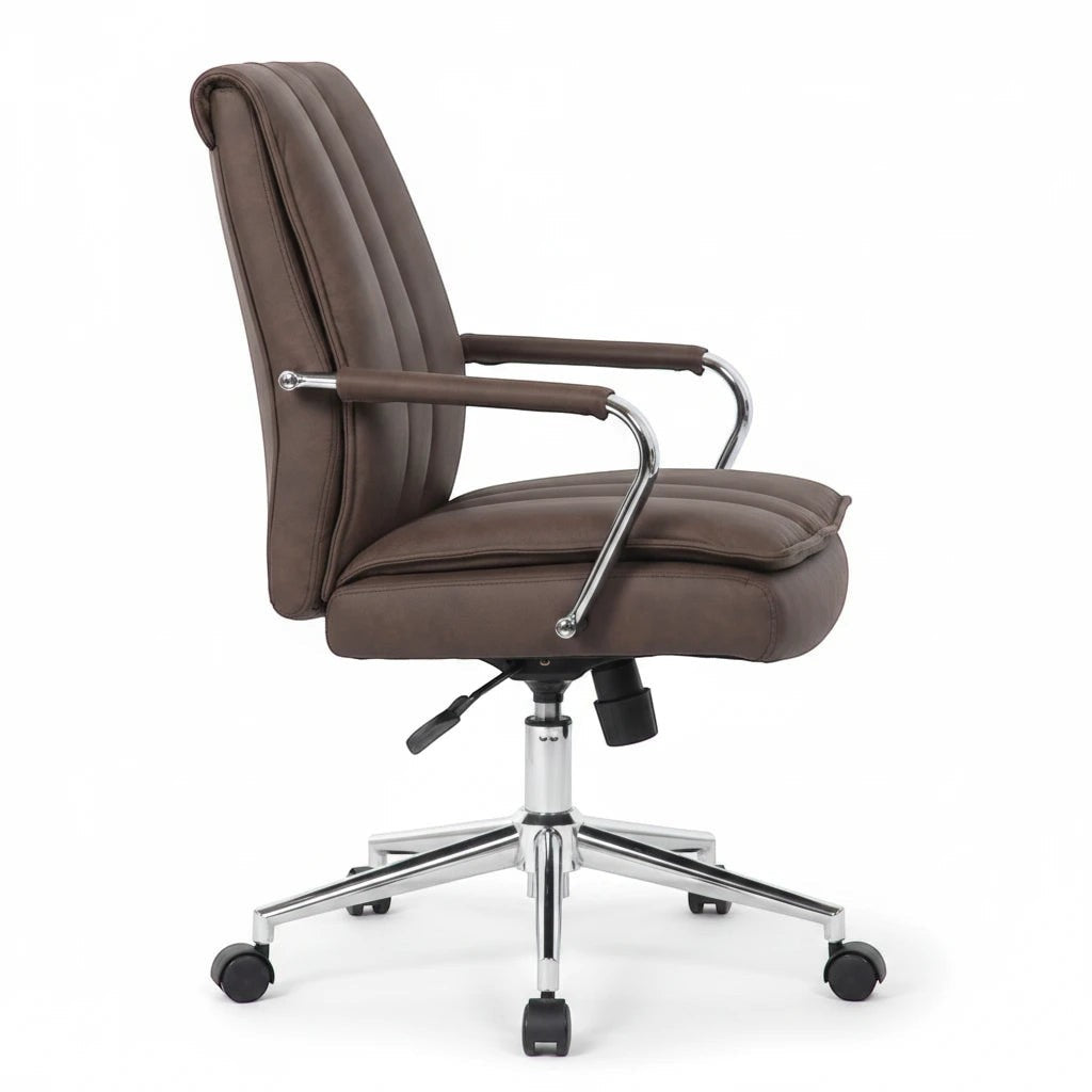 Valiant Products Stanton pillow top ergonomic office chair in brown vinyl with sleek chrome arms and base, side view.