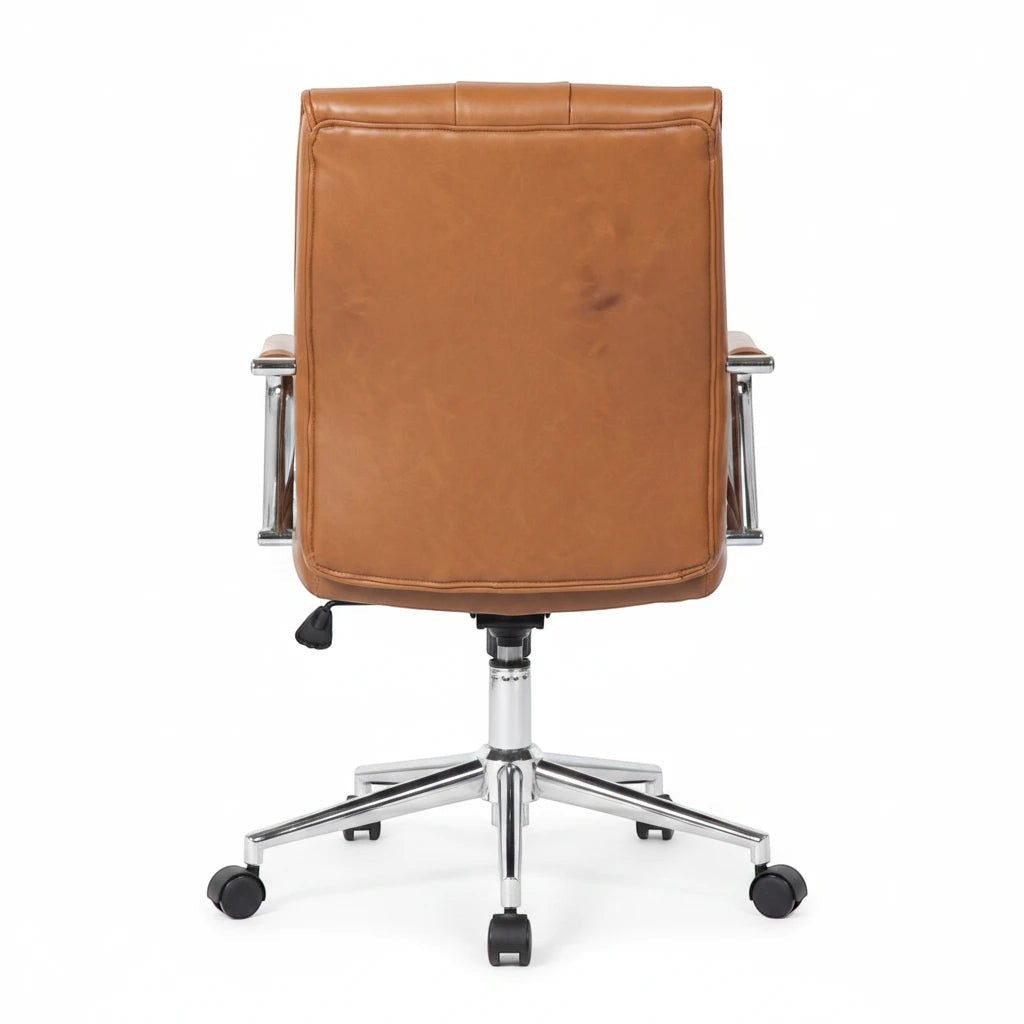 Back view of the Valiant Products Stanton Pillow Top Ergo Chair featuring tan vinyl upholstery and chrome base.