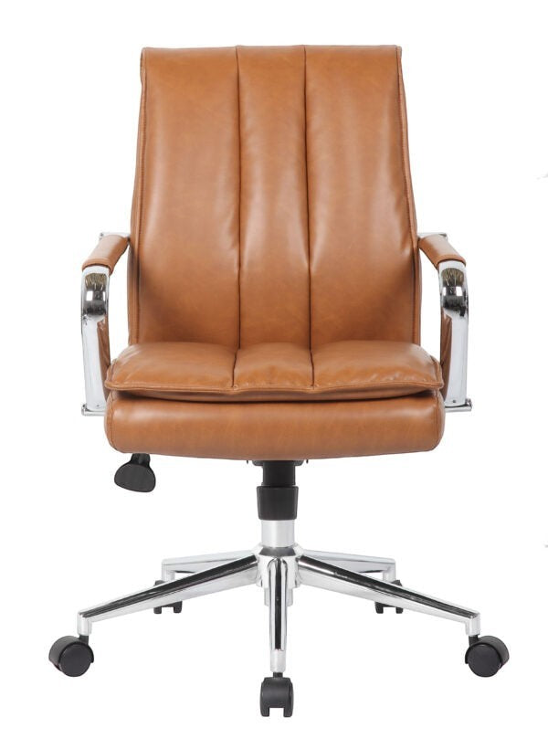 Valiant Products Stanton Pillow Top Ergo Chair in tan vinyl with chrome arms and base on a white background