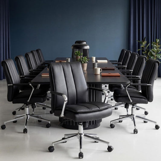 Valiant Products Stanton pillow top ergonomic office chairs with black vinyl upholstery and chrome base in boardroom