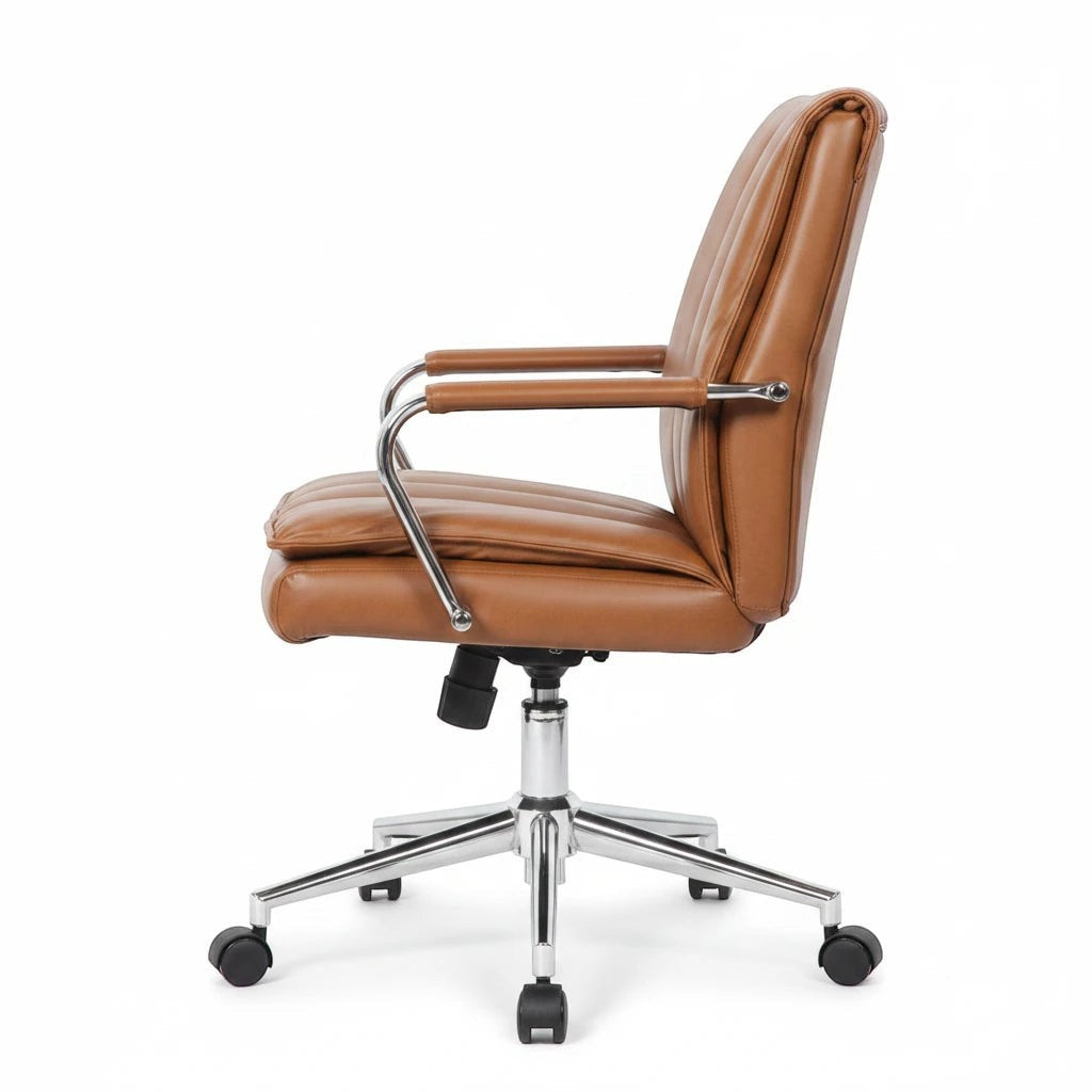 Valiant Products Stanton pillow top ergonomic office chair in tan vinyl with chrome arms and base, side view.