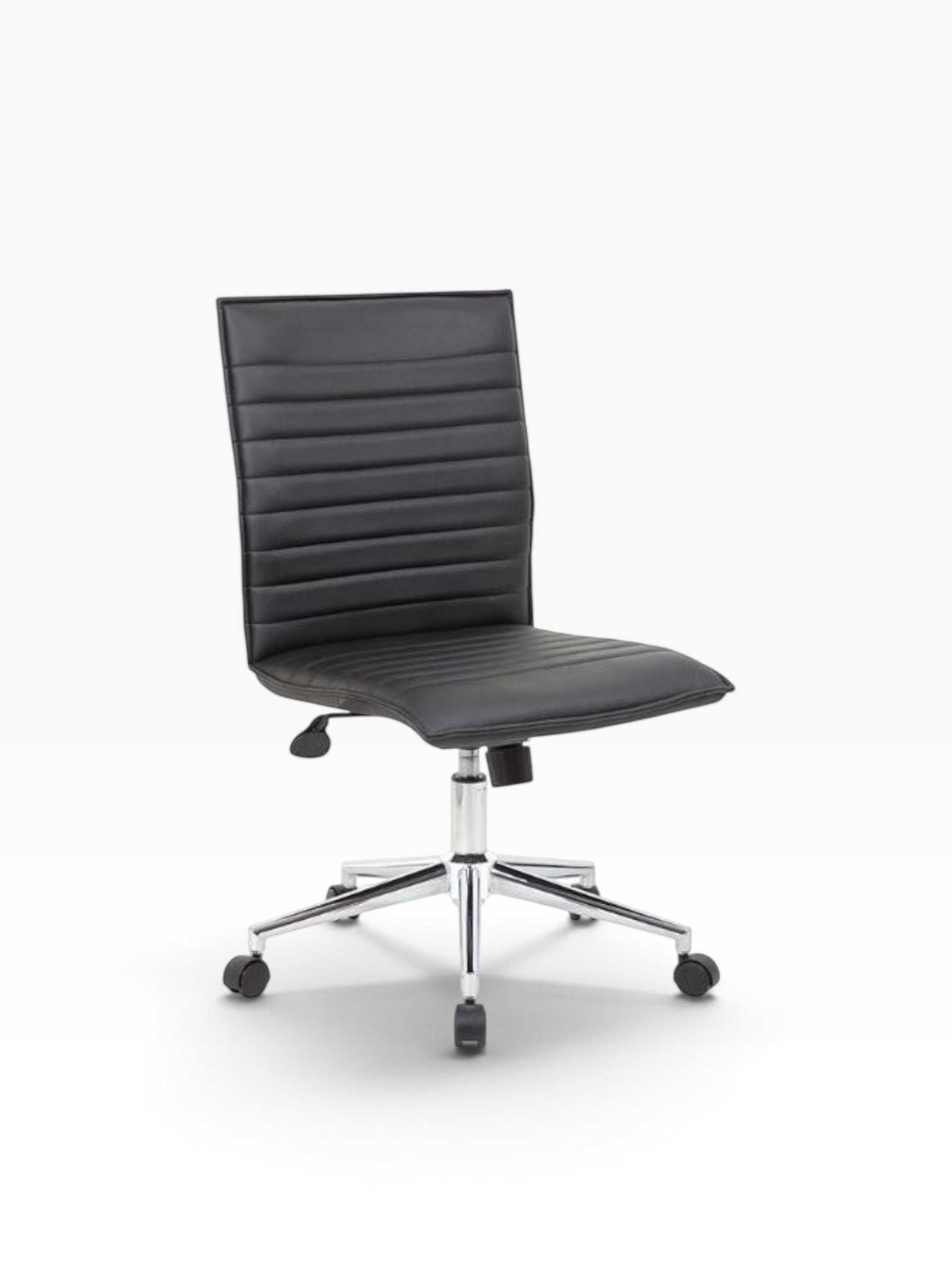 Valiant Products Starling armless ergonomic office chair in black PVC vinyl with a chrome base and rolling casters.