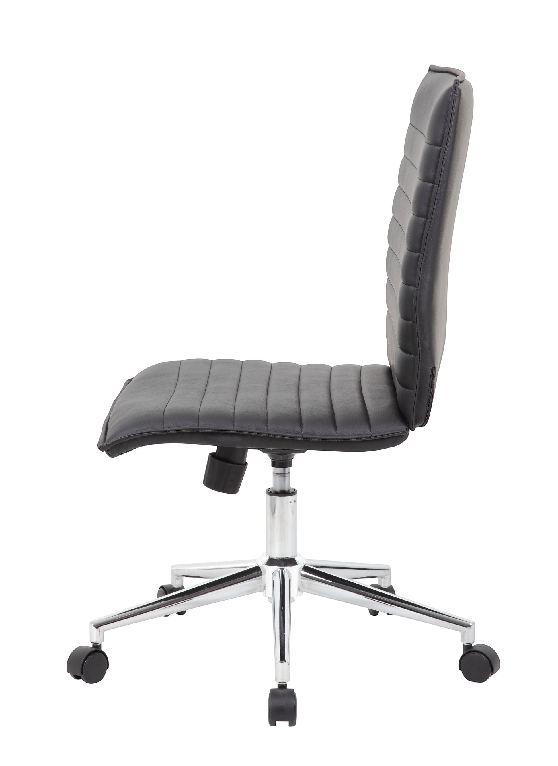 Valiant Products Starling armless ergonomic office chair in black PVC vinyl with a chrome base, side view.