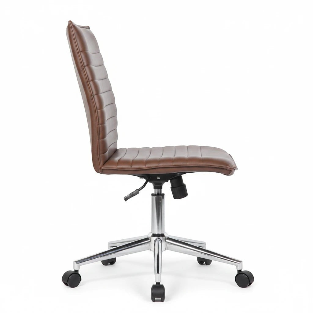 Valiant Products Starling armless ergo chair in brown PVC vinyl with a chrome base and dual wheel castors, side view.