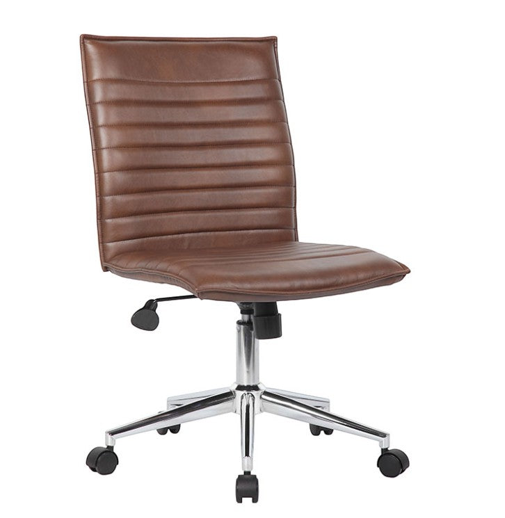 Valiant Products Starling armless ergo chair in brown PVC vinyl with a chrome base and dual wheel castors.