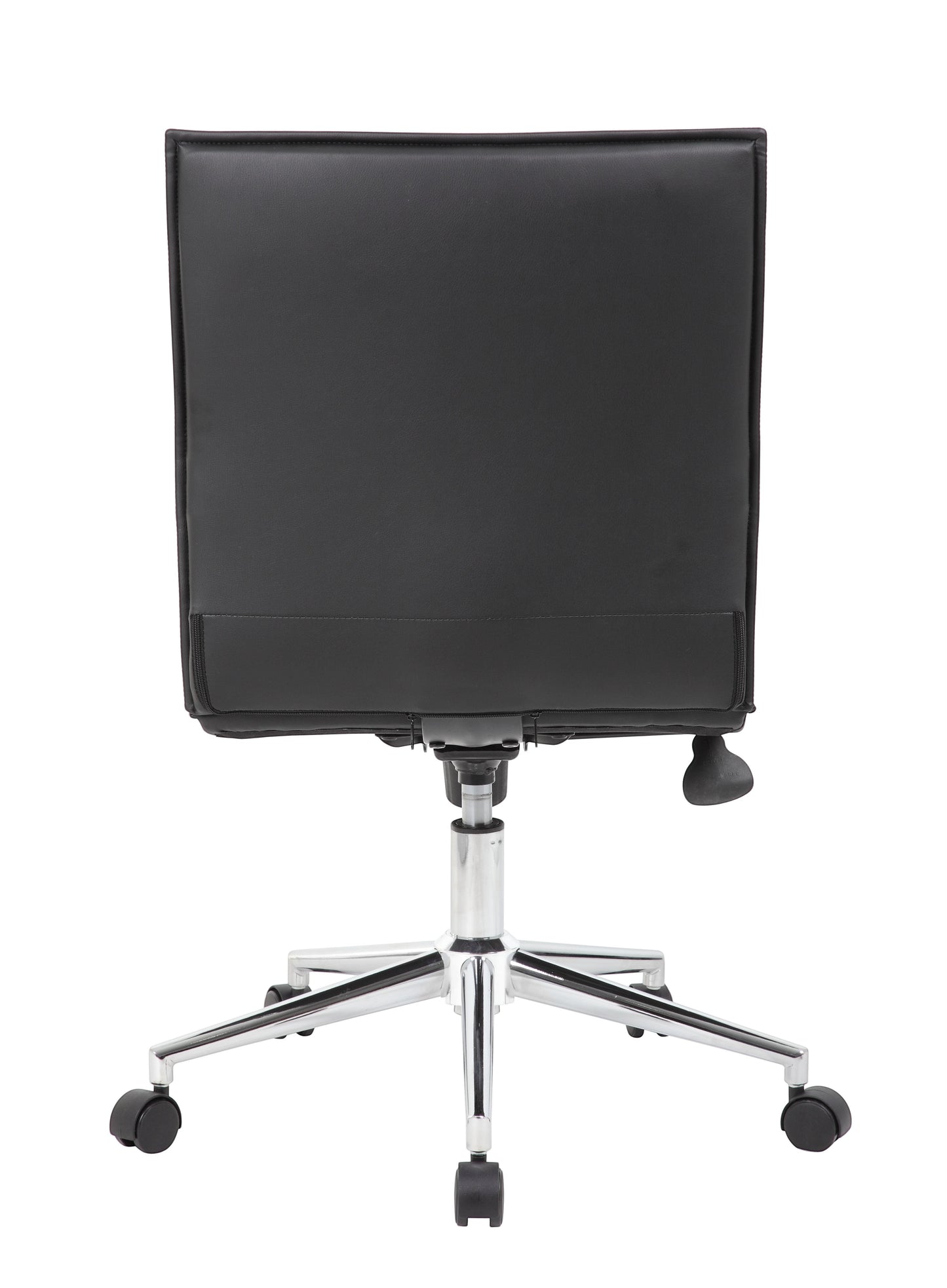 Back view of the Valiant Products Starling armless ergo chair in black PVC vinyl with a chrome base and dual casters.