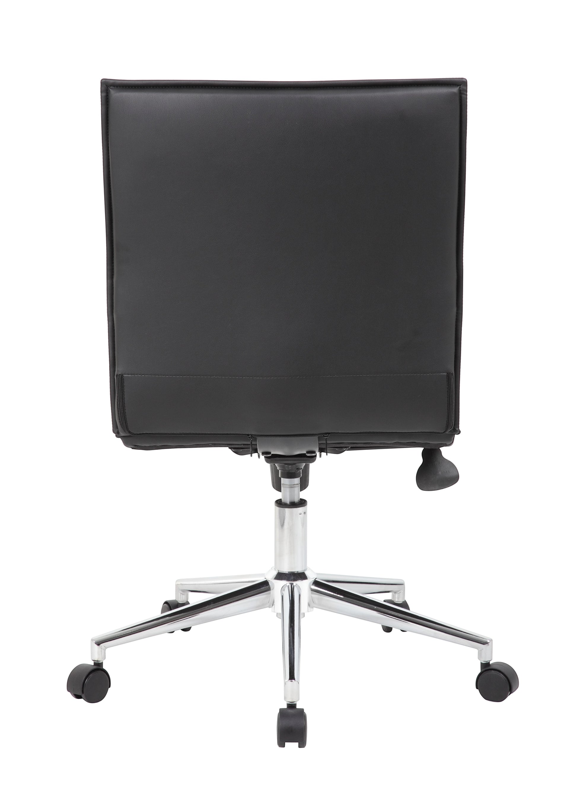 Back view of the Valiant Products Starling armless ergo chair in black PVC vinyl with a chrome base and dual casters.