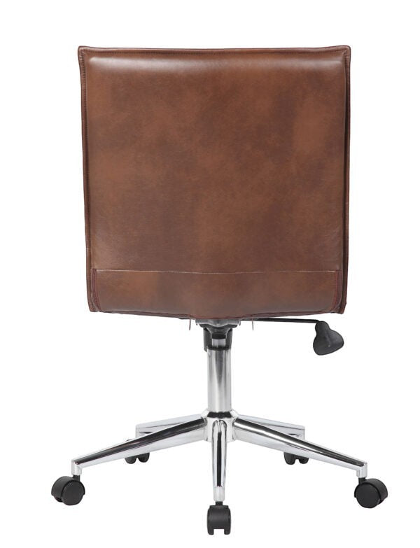 Back view of the Valiant Products Starling armless ergo chair in brown PVC vinyl with a chrome base and casters.