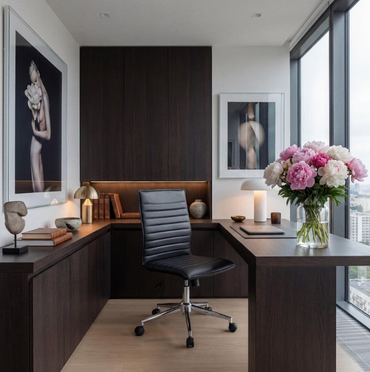 Valiant Products Starling armless ergo chair in black PVC vinyl with a chrome base in a modern home office.