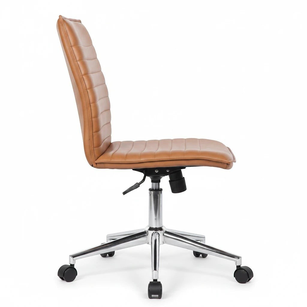 Valiant Products Starling armless ergo chair in tan PVC vinyl with a chrome base and dual wheel castors, side view.