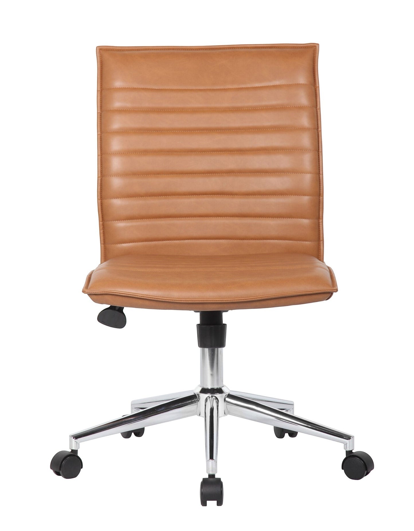 Valiant Products Starling armless ergo chair in tan PVC vinyl with a ribbed back and chrome base on dual wheel casters