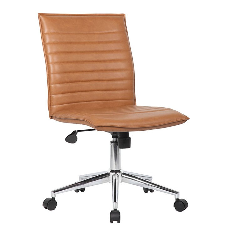 Valiant Products Starling armless ergo chair in tan PVC vinyl with a ribbed back and chrome base on dual wheel castors