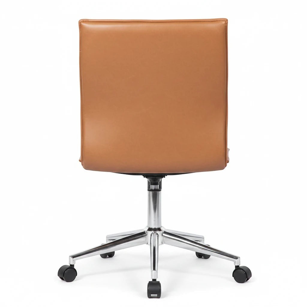 Valiant Products Starling armless ergo chair in tan PVC vinyl with a chrome base and dual wheel castors, back view.