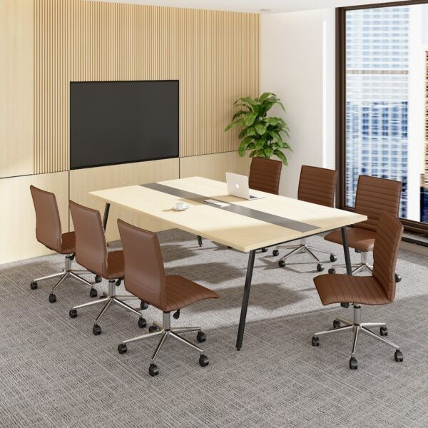Valiant Products Starling armless ergo chairs in brown PVC vinyl with chrome bases arranged around a conference table