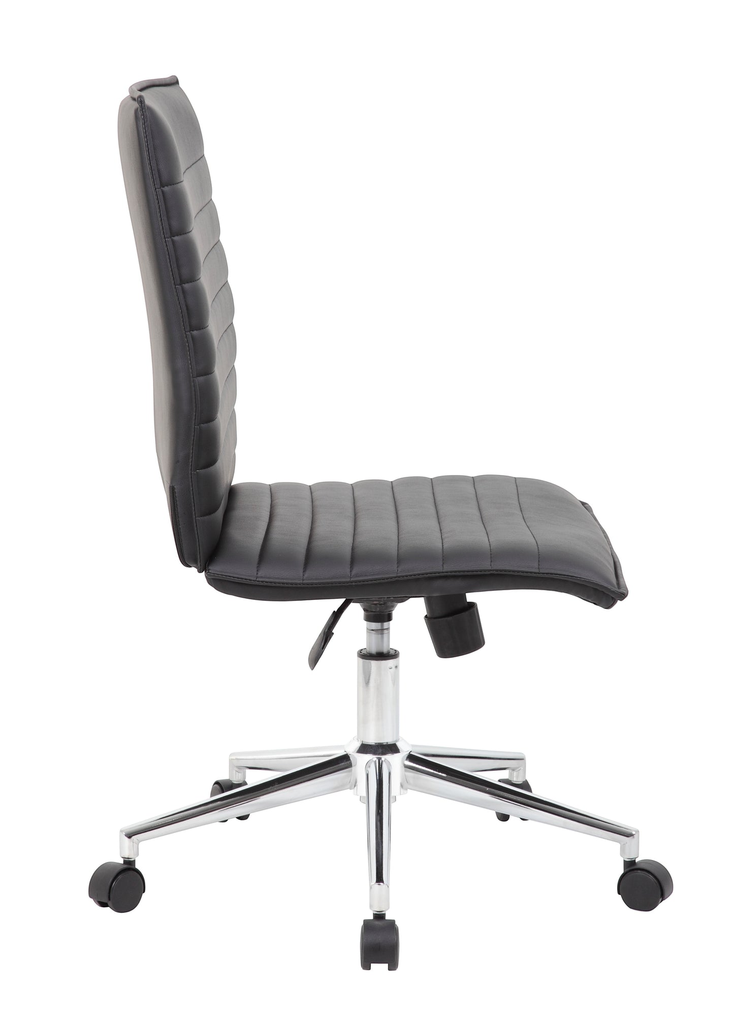 Valiant Products Starling armless ergonomic office chair in black PVC vinyl with a chrome base, side profile view.