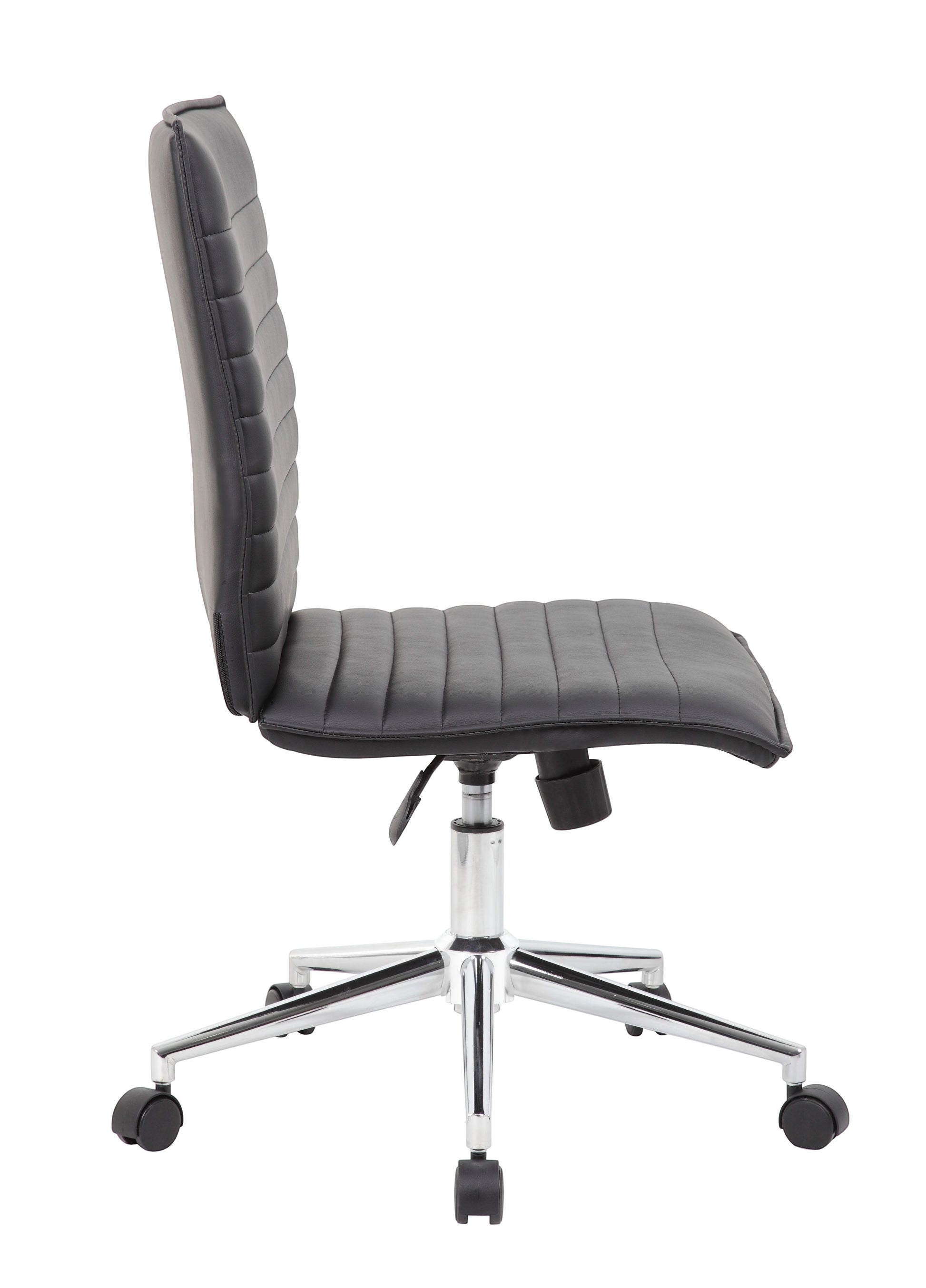 Valiant Products Starling armless ergonomic office chair in black PVC vinyl with a chrome base, side profile view.