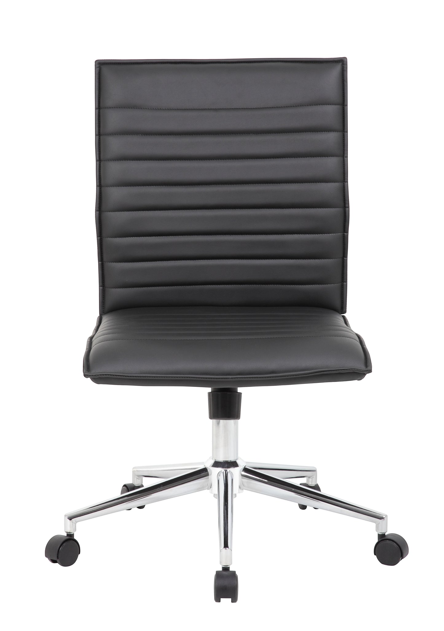 Valiant Products Starling armless ergonomic office chair in black PVC vinyl with a chrome base and dual wheel casters.