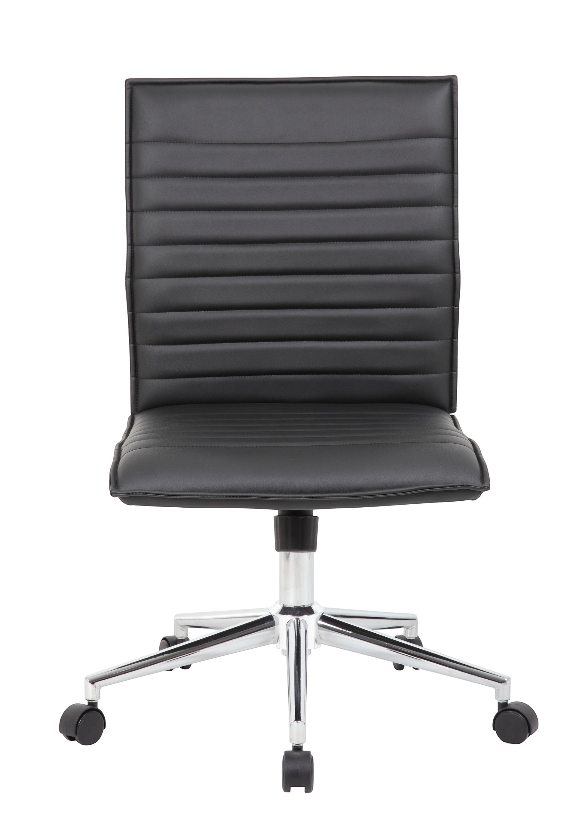 Valiant Products Starling armless ergonomic office chair in black PVC vinyl with a chrome base and dual wheel casters.