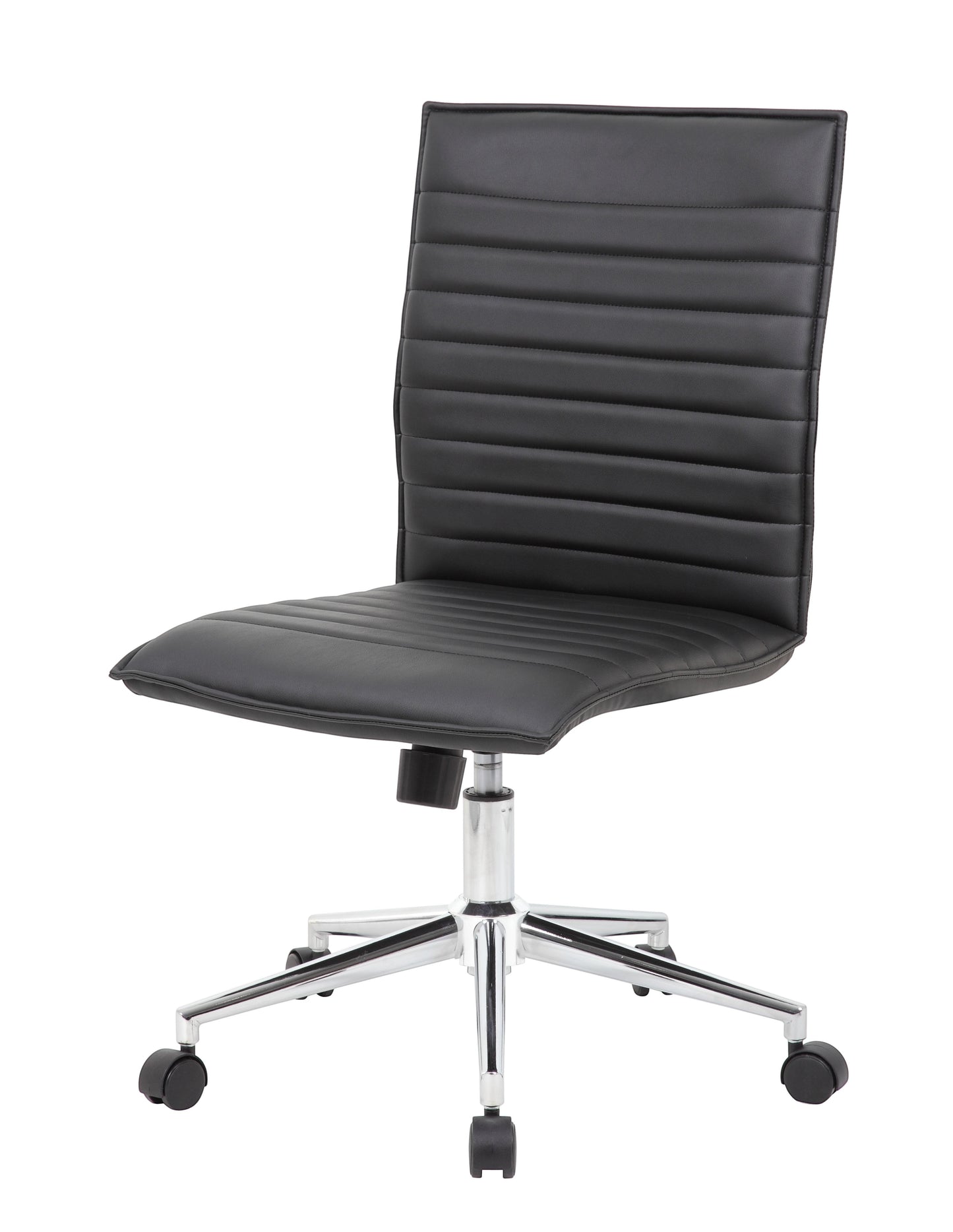 Valiant Products Starling armless ergonomic office chair in black PVC vinyl with a chrome base and dual wheel casters.