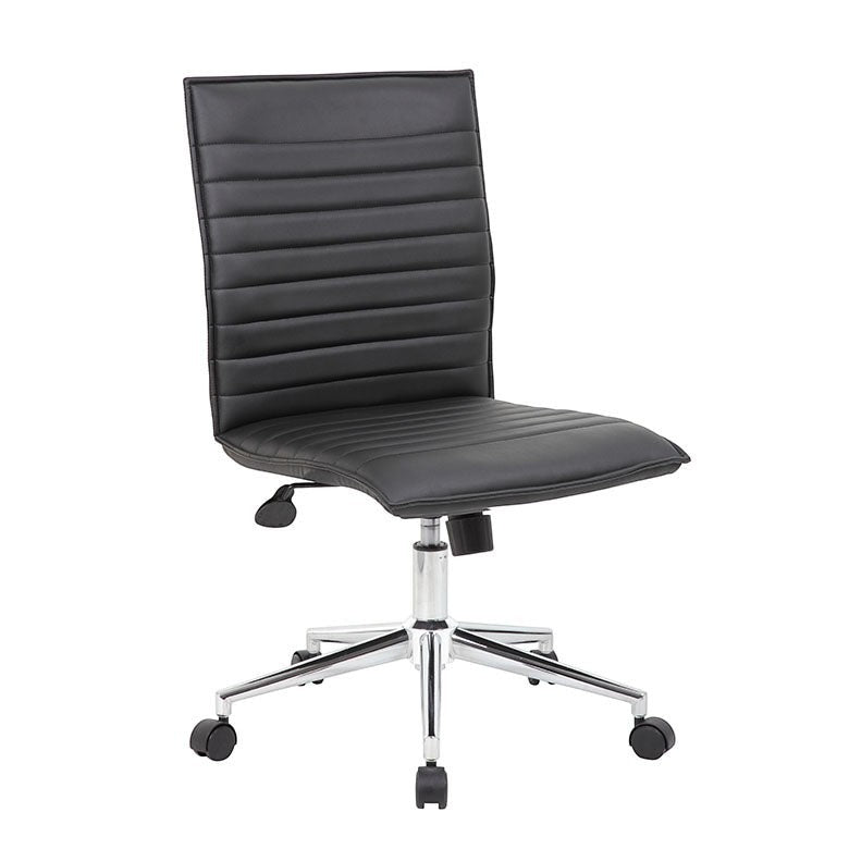 Valiant Products Starling armless ergonomic office chair in black PVC vinyl with a chrome base and dual wheel casters.