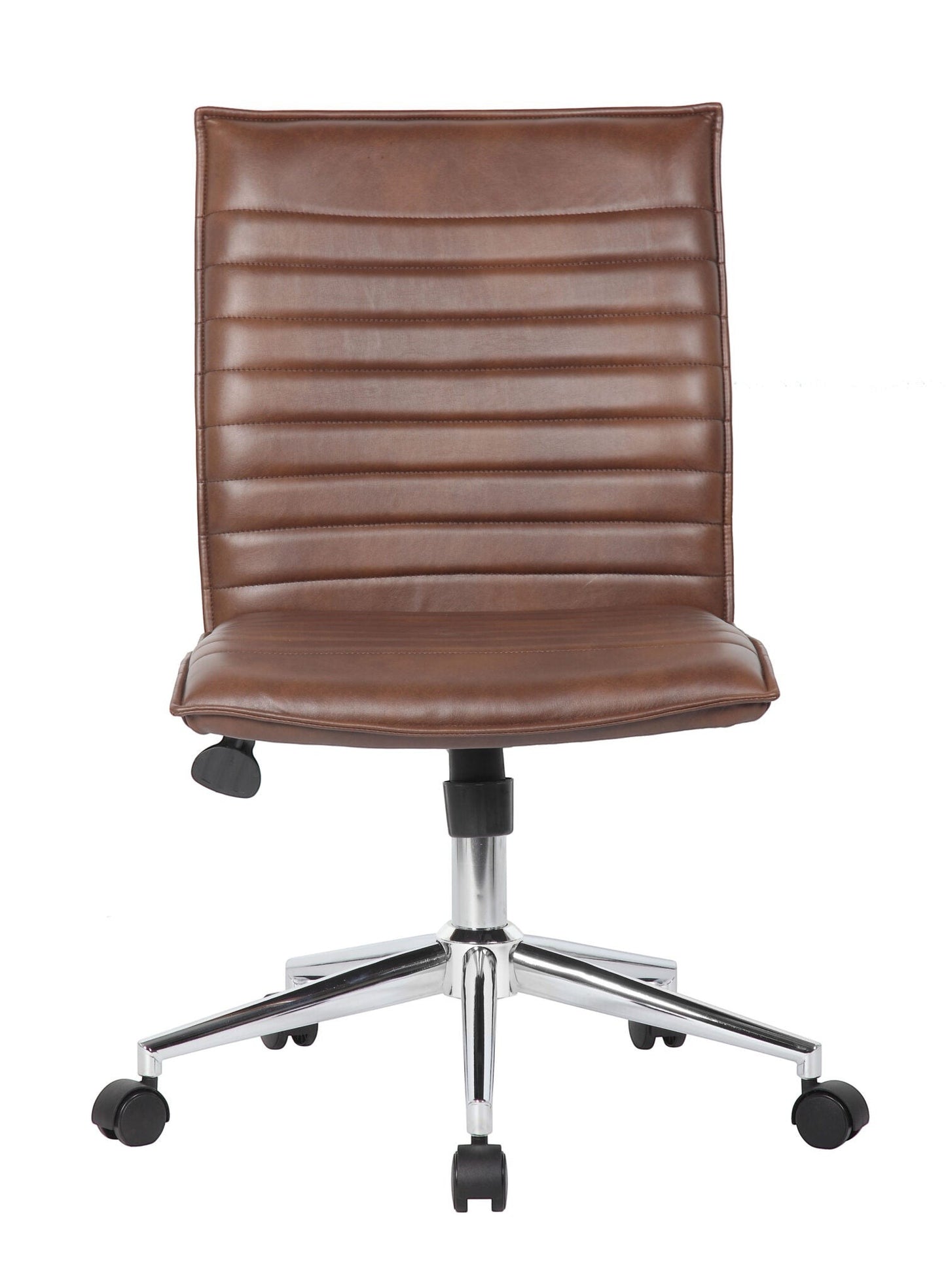 Valiant Products Starling armless ergonomic office chair in brown PVC vinyl with a chrome base and dual wheel casters.