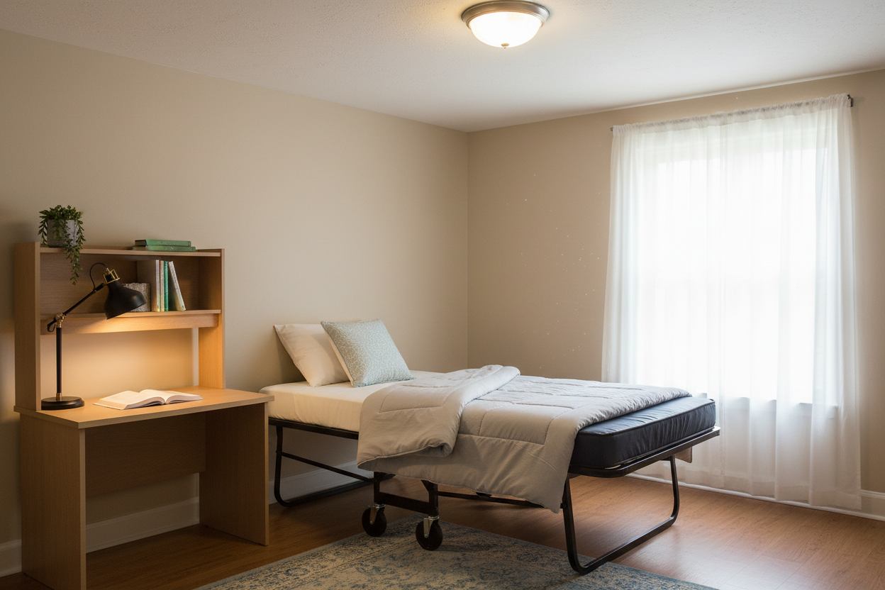 Valiant Products heavy-duty rollaway bed with steel frame and mattress in a bedroom setting next to a wooden desk.