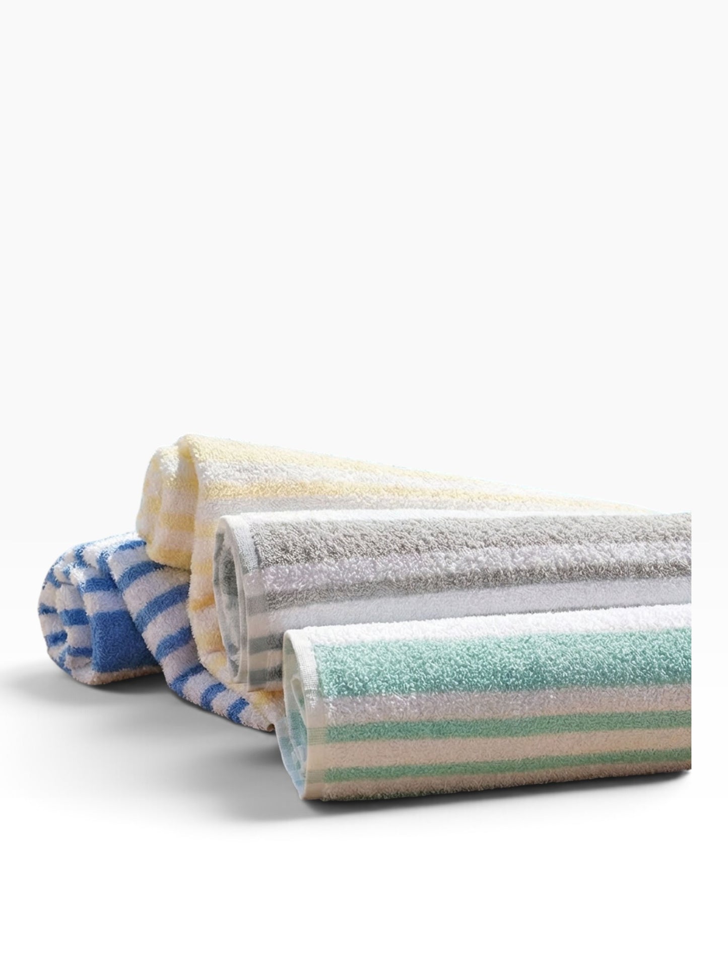 Valiant Products Tropical Stripe borderless cotton pool towels in pastel blue, yellow, grey, and jade green stripes.