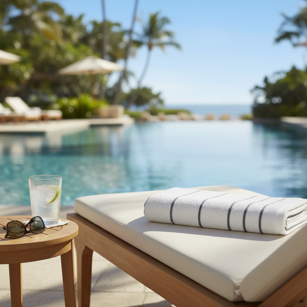 Valiant Products white pool towel with grey horizontal dobby stripes folded on a luxury resort lounge chair