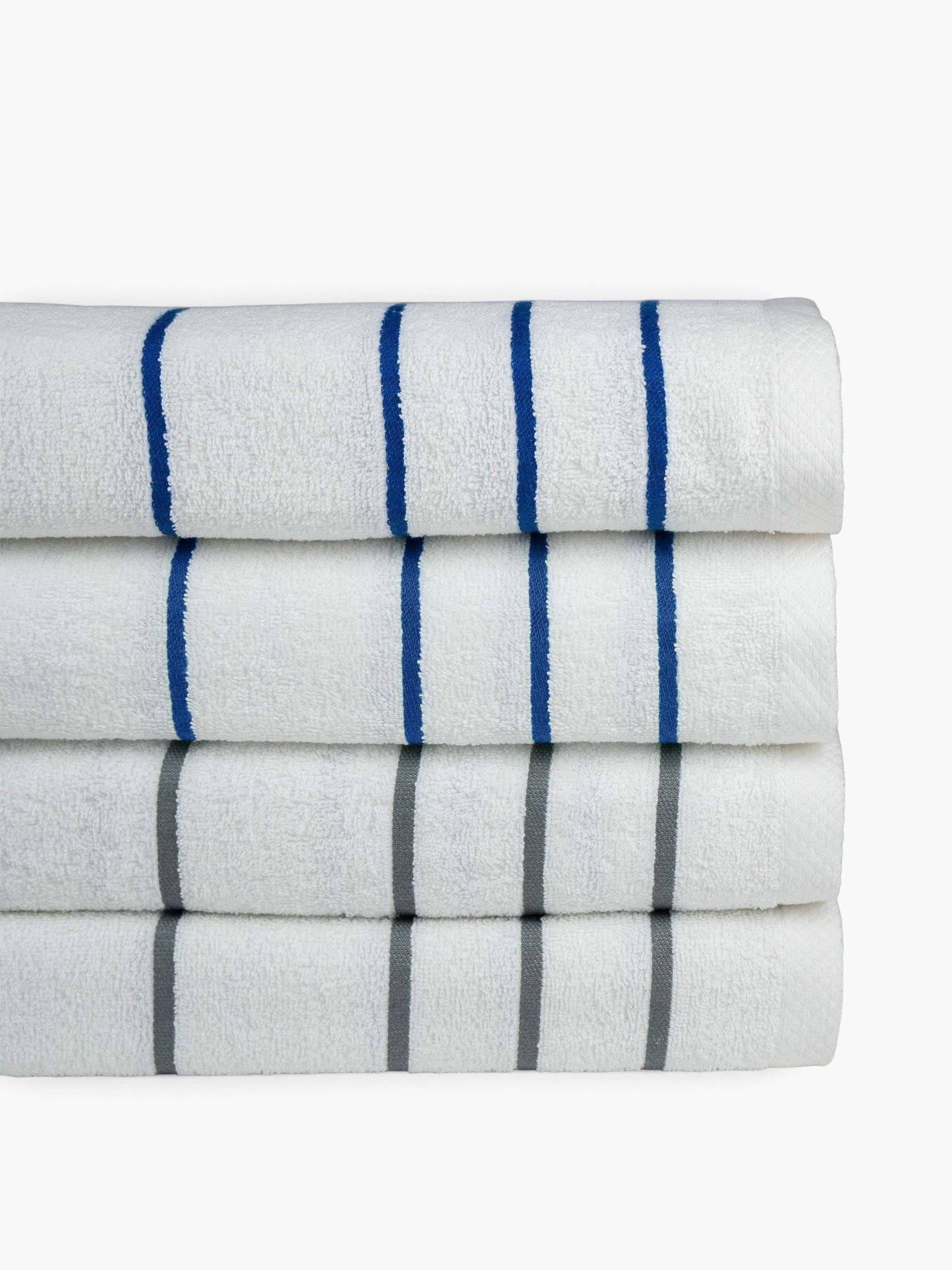 Valiant Products resort pool towels in white with blue and grey horizontal dobby stripes, made of soft cotton loops.