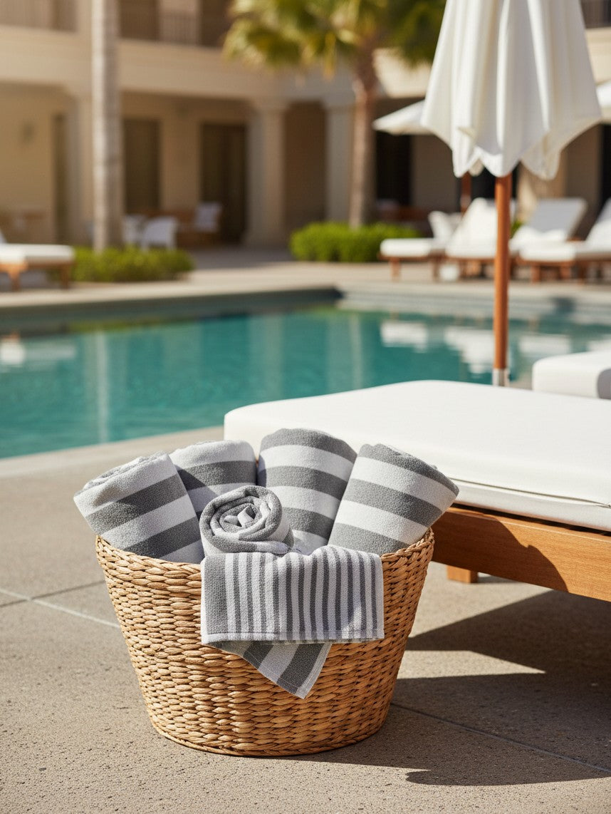 Valiant Products Topical Stripe pool towels in grey and white rolled in a wicker basket by a resort swimming pool