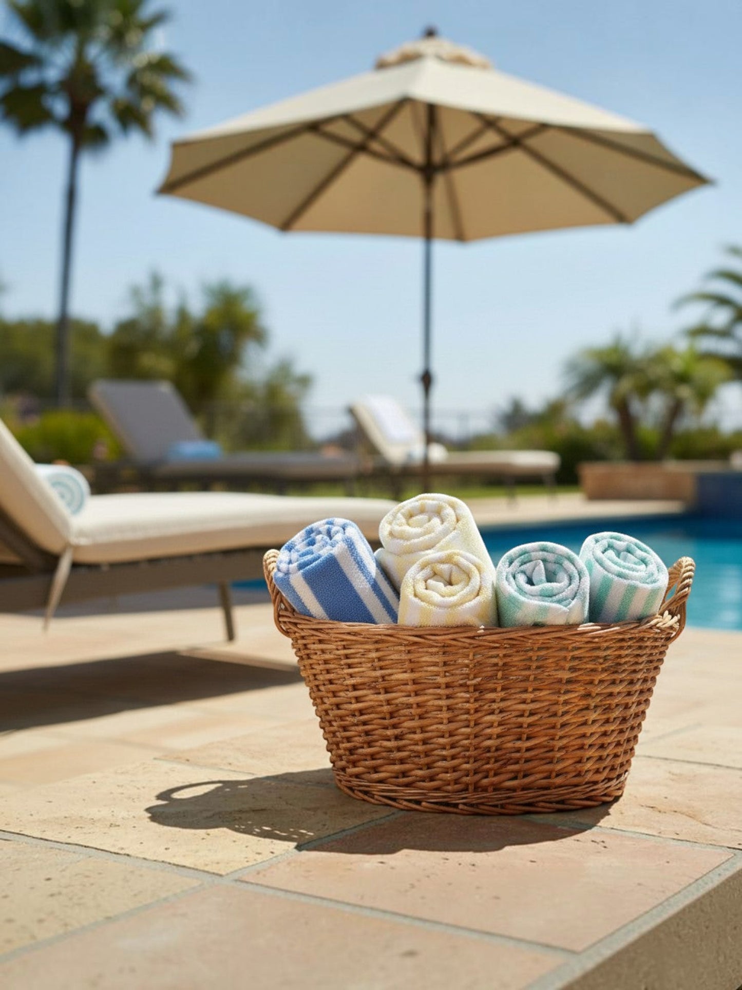 Valiant Products Topical Stripe pool towels in pastel colors rolled in a wicker basket by a sunny resort pool.