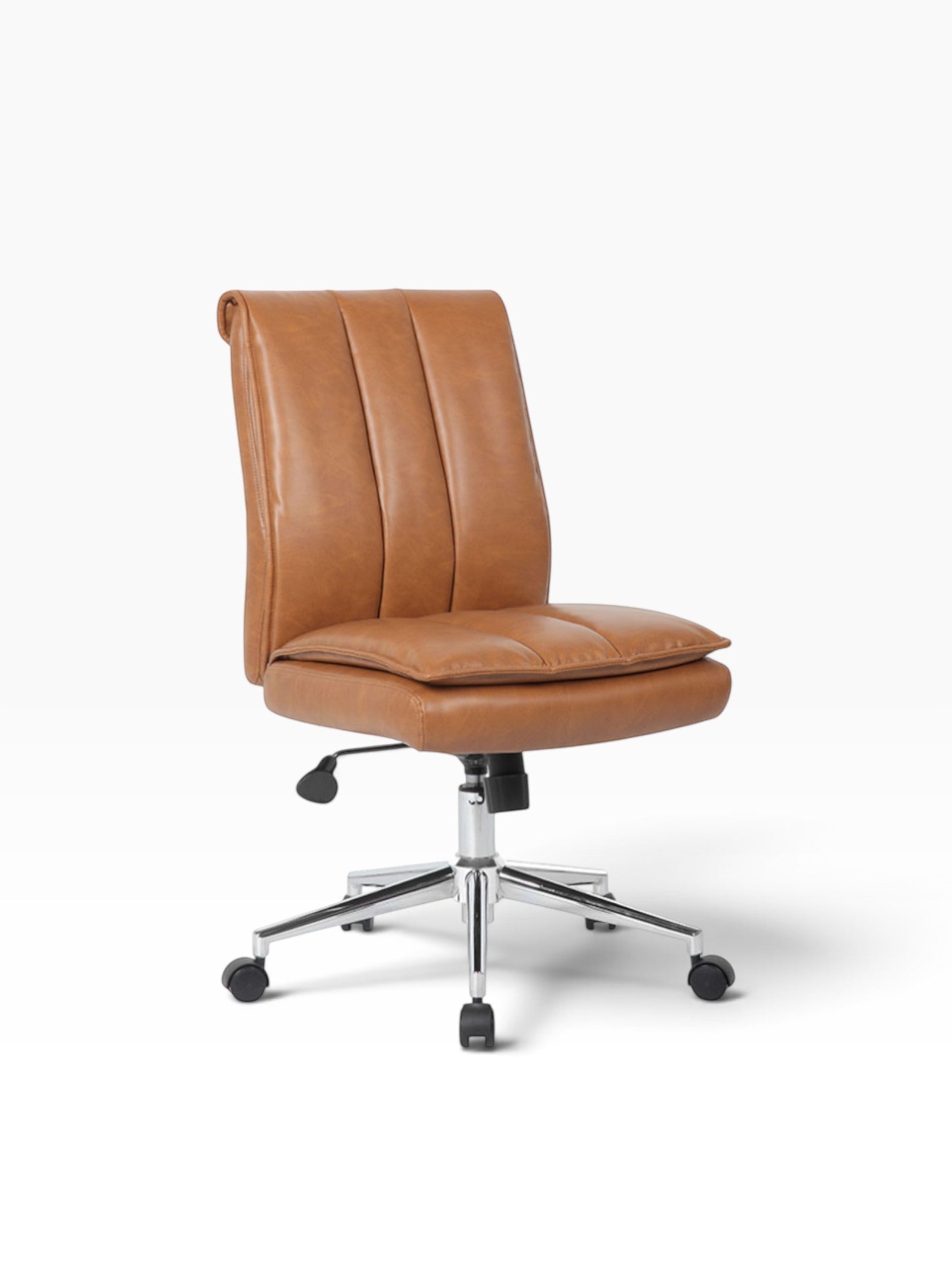 Valiant Products Torin armless ergonomic office chair in tan vinyl with a plush pillow top and chrome base.
